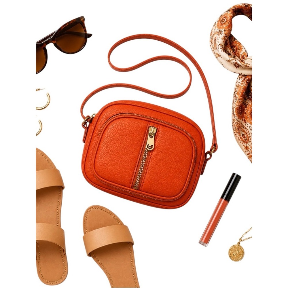 Valentina Italy Orange Pebbled Leather Camera Crossbody Bag Made Italy Leather